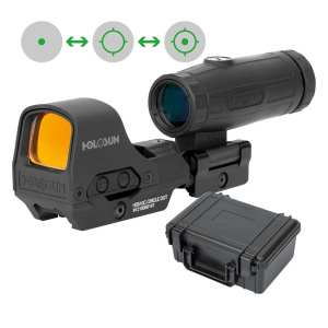Holosun Set, Holosun Reflexvisier, Modell HE510C-GR mit grünem Wechselabsehen: 2MOA Dot, 65MOA Circledot & 65MOA Circle und Magnifier HM3X